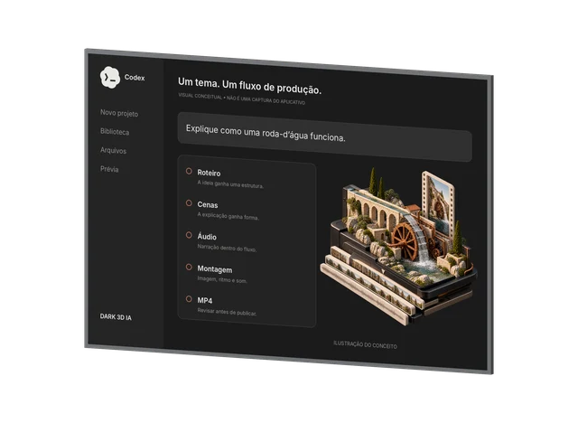 Workspace conceitual escuro com tema, etapas de produção e prévia da cena